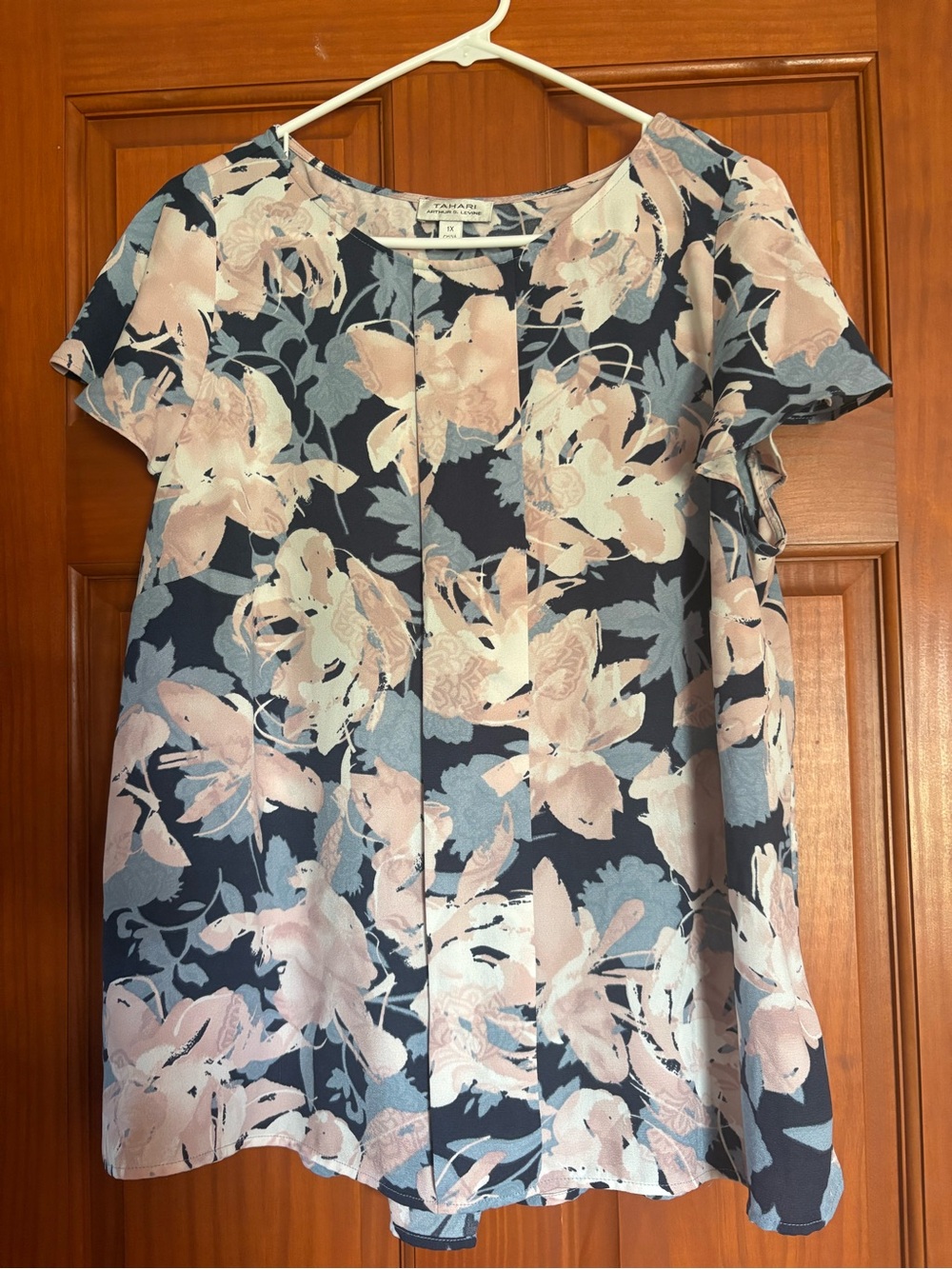 Tahari ASL Navy Floral Pleat-Front Short Sleeve Blouse with Light Pink Bloom